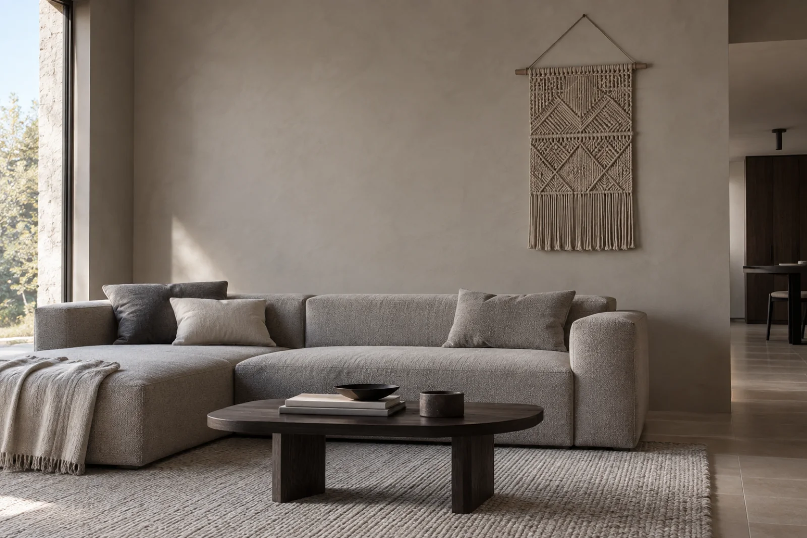 Macramé taupe monochrome sur un mur greige dans un salon moderne sobre