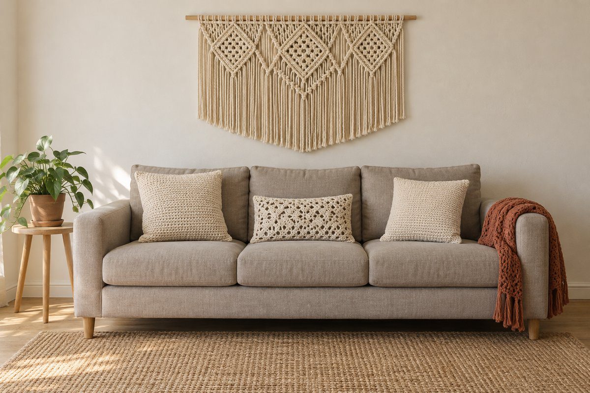 Tenture macramé écrue au-dessus d'un canapé lin avec coussins et plaid au crochet
