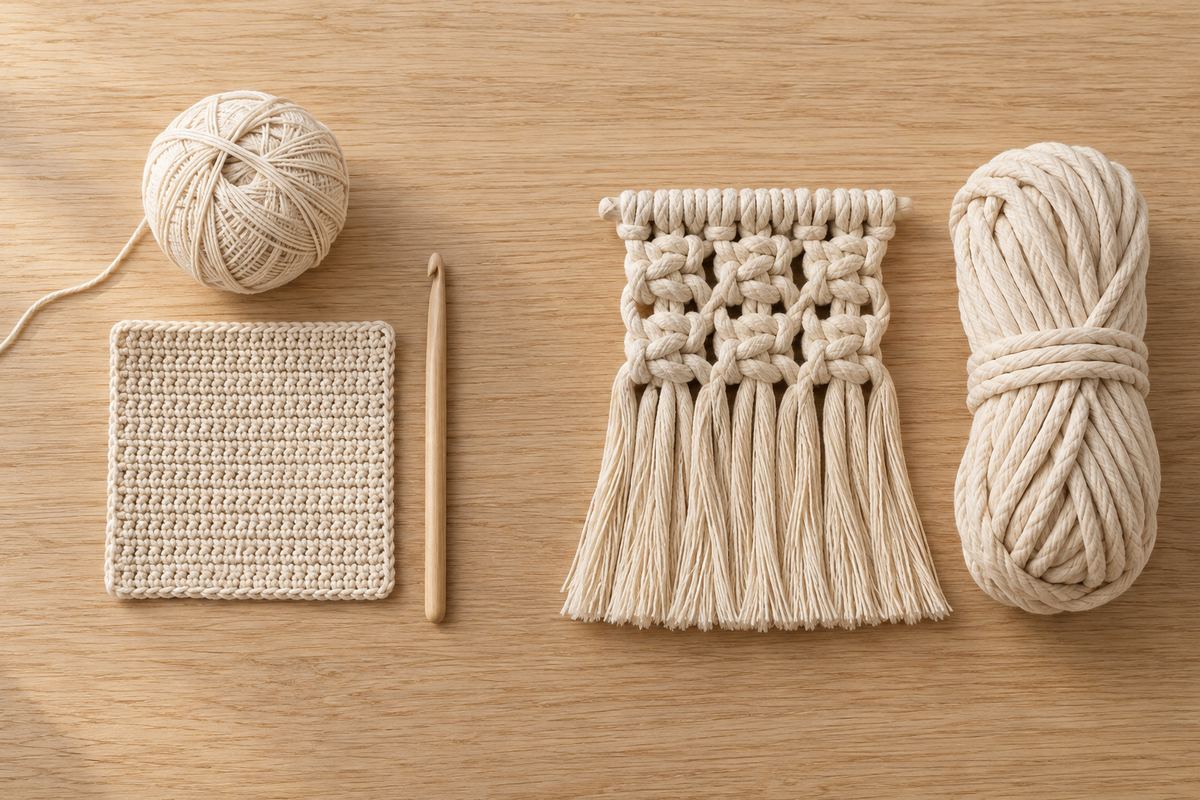 Échantillon crocheté en fil coton fin à côté d'un macramé en cordon épais écru