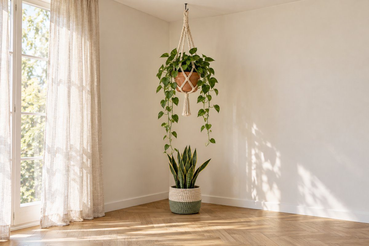 Suspension macramé avec pothos au-dessus d'un cache-pot crocheté vert sauge au sol