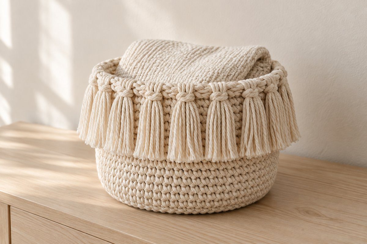 Panier crocheté en corde de macramé écrue avec bordure de franges nouées
