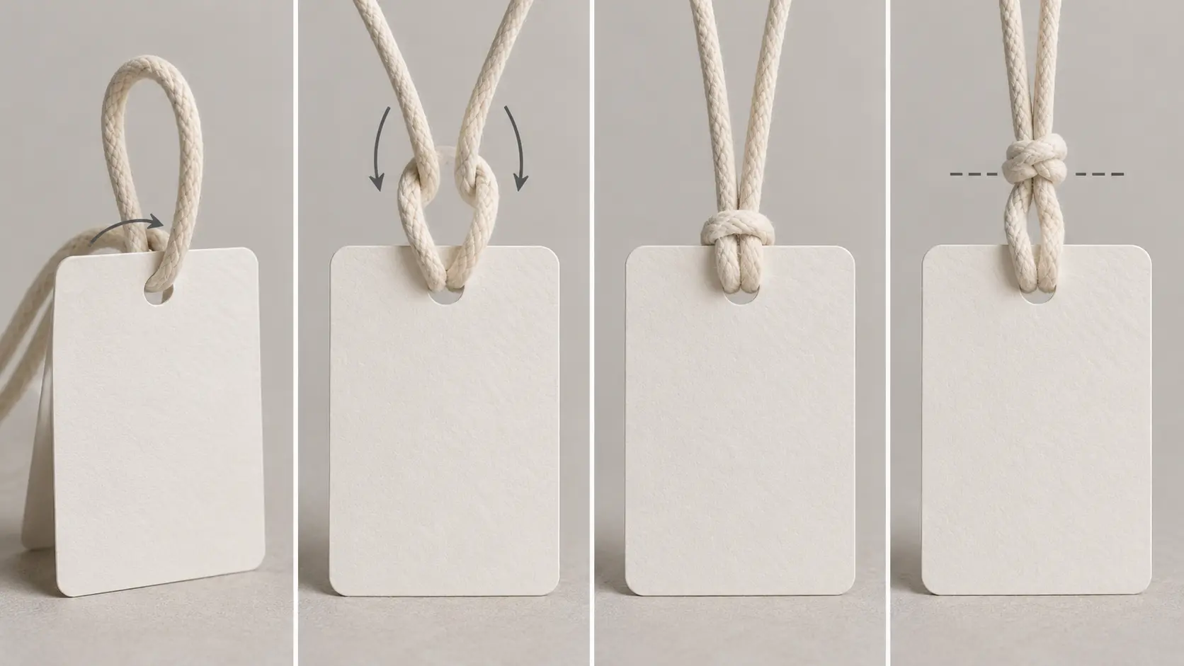 Quatre étapes pour fixer une corde en tête d'alouette sur une étiquette puis nouer les deux brins