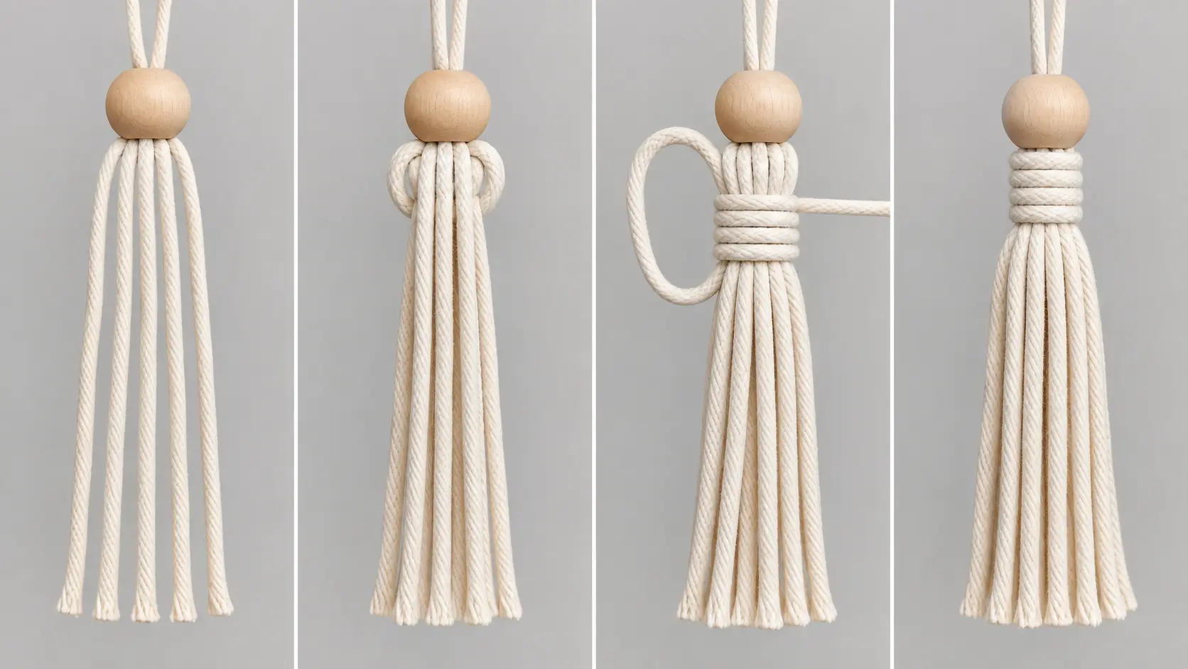 Étapes d'assemblage d'un pompon perlé avec faisceau de cordes et surliure