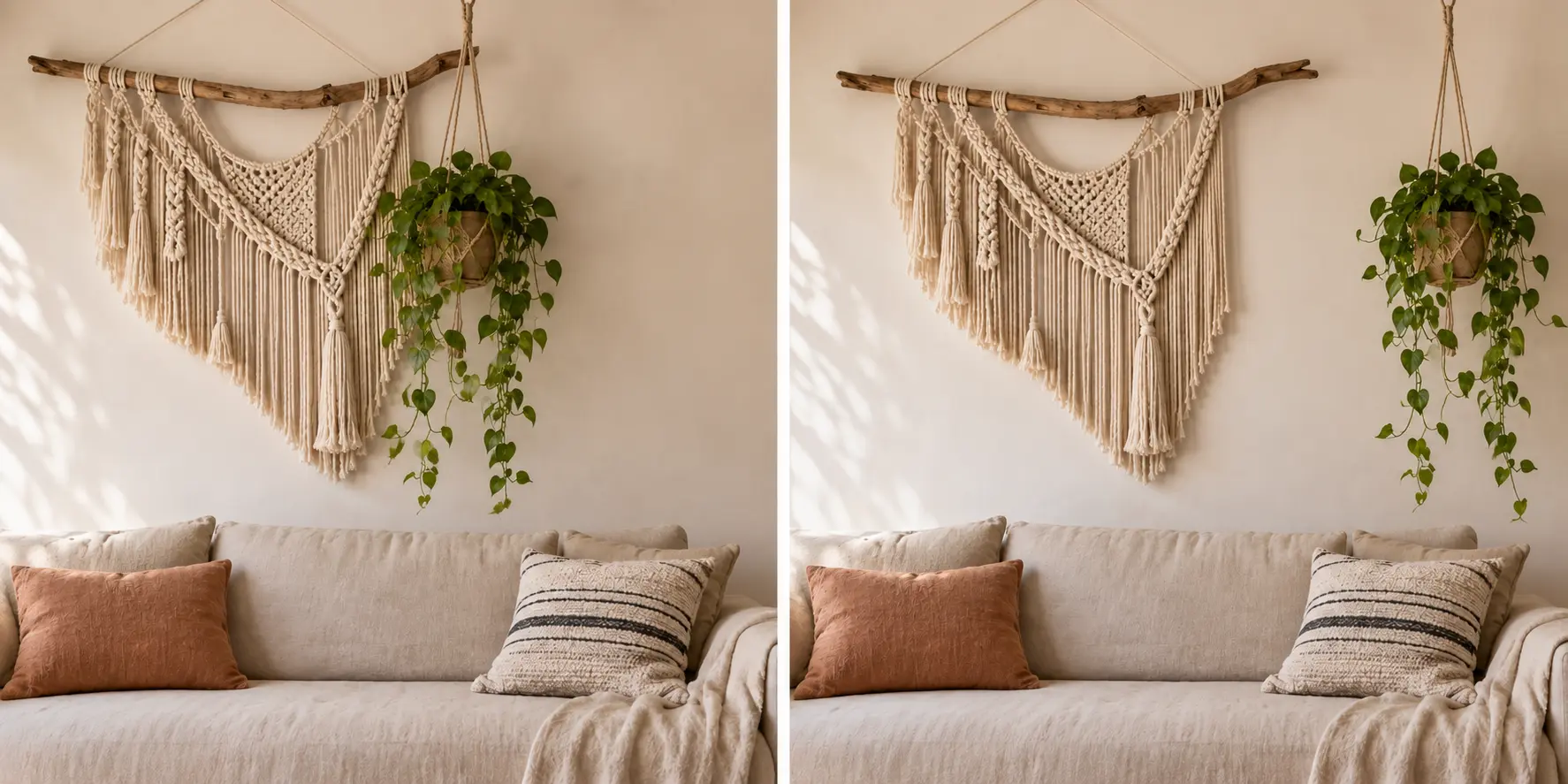 Comparaison entre un mur de salon asymétrique surchargé et une composition équilibrée autour d’un macramé et de plantes