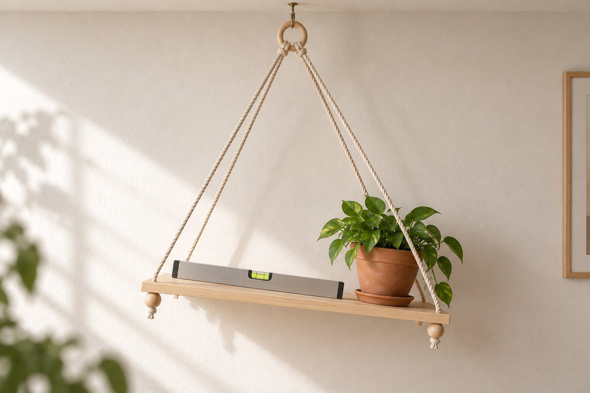 Plateau bois suspendu à un anneau unique incliné par un pot posé au bord