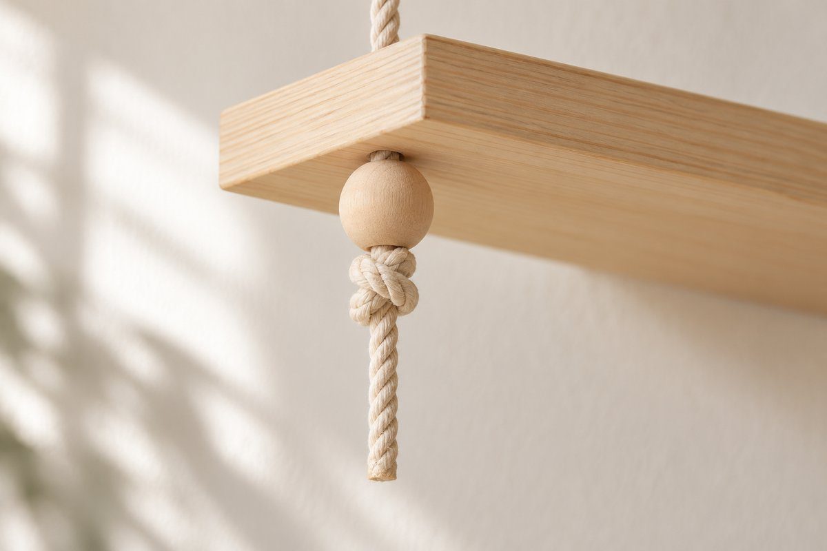 Nœud de huit et perle en bois bloquant une corde coton sous planche de pin