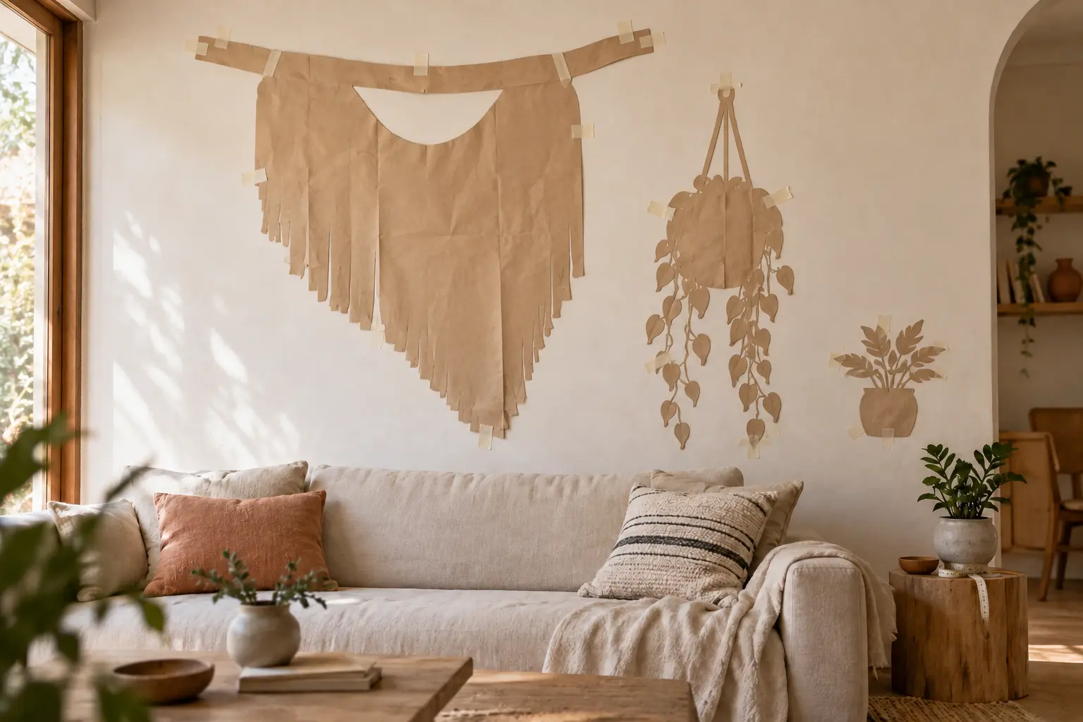 Gabarits en papier kraft disposés sur un mur de salon pour préparer une composition asymétrique de macramé et de plantes