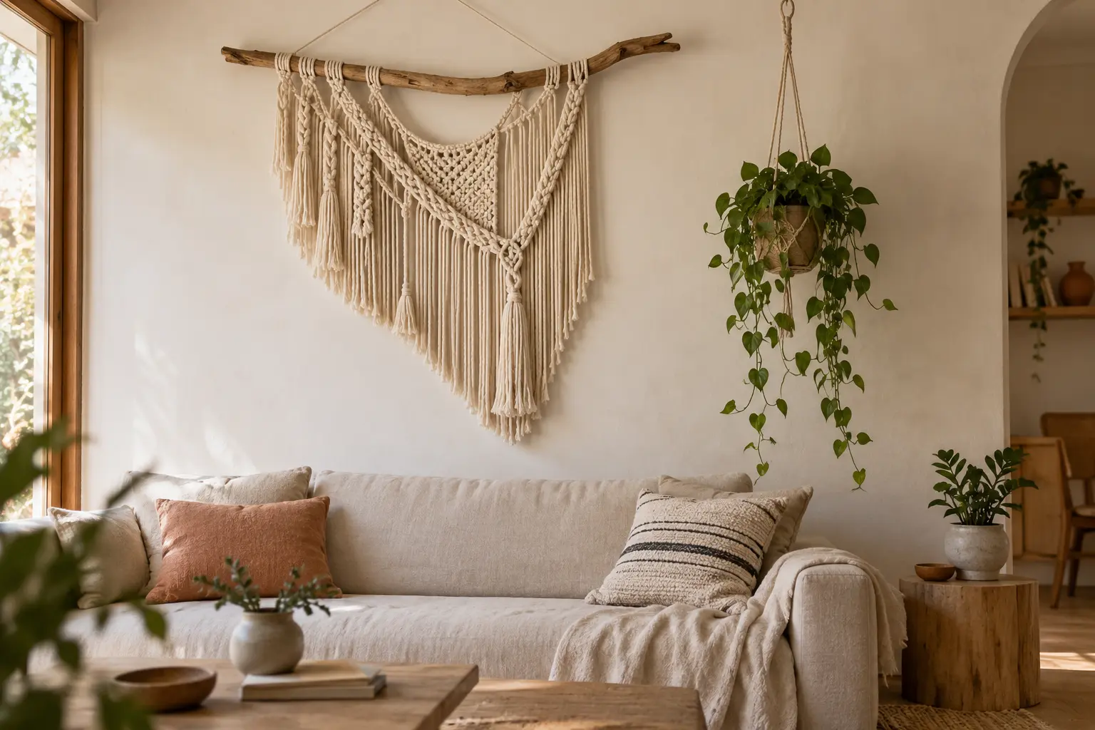 Macramé asymétrique en coton et plantes composés en équilibre sur le mur d’un salon clair