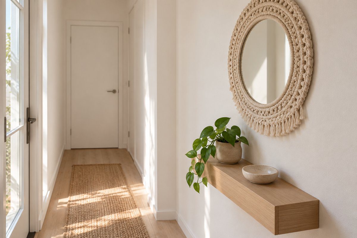 Petite entrée étroite avec miroir rond en macramé écru au-dessus d'une console fine
