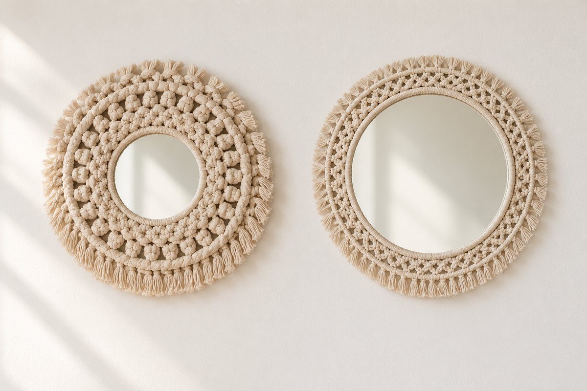 Deux miroirs ronds en macramé écru, petit verre et grand verre comparés