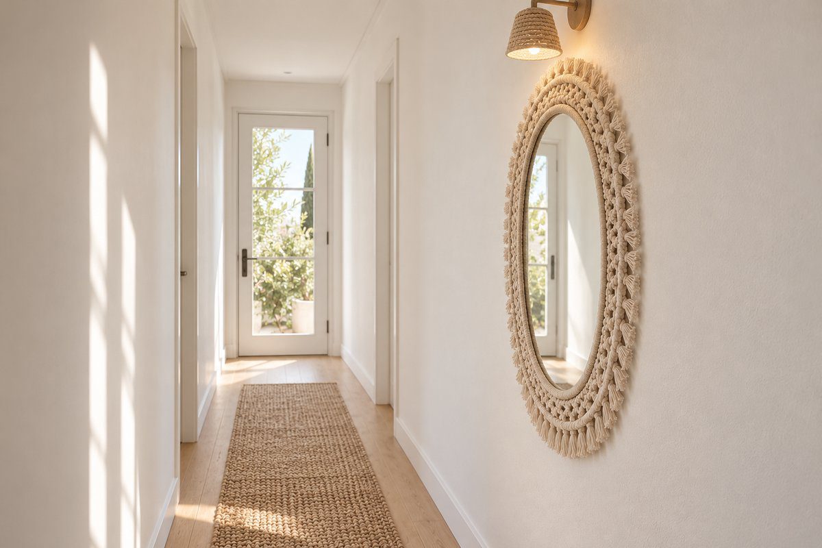 Couloir d'entrée étroit avec miroir ovale en macramé sur le mur latéral